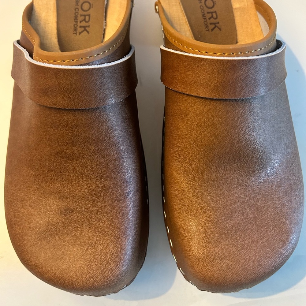 BJORK Maja Brown Leather Mule Clog with Wooden Sole Open Back Sz 39  8-8.5 - Picture 13 of 16